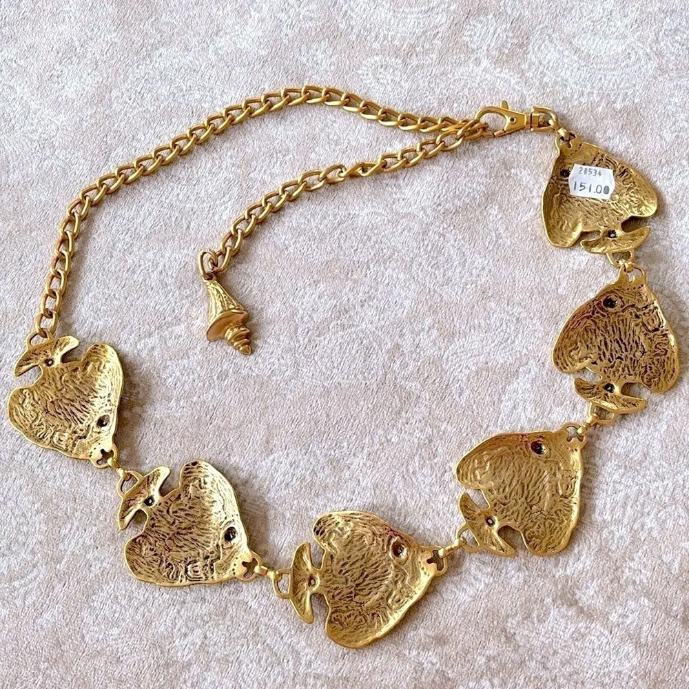 VINTAGE Gold Tone Tropical Angel Fish Chain Belt Metal Cinch Waist Lobster Clasp